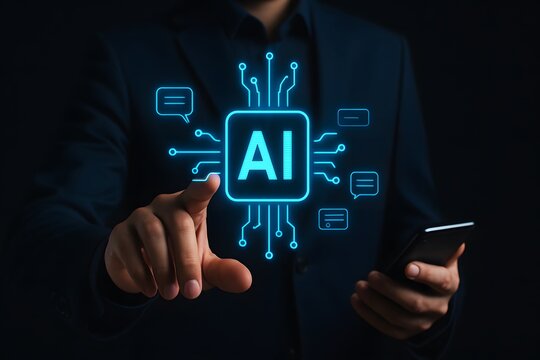 Businessman touching glowing artificial intelligence symbol with AI letters and circuit lines in dark background holding smartphone in hand