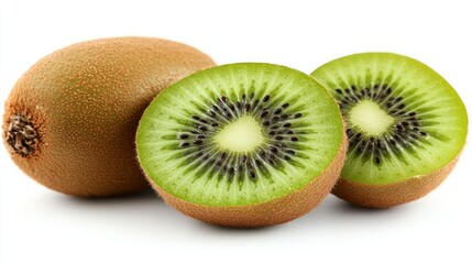 Fototapeta premium Fresh kiwi fruit, whole and sliced, vibrant green flesh, brown skin