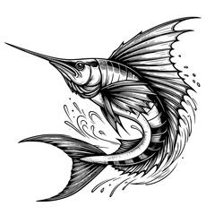 hand drawn sailfish lineart isolated on white