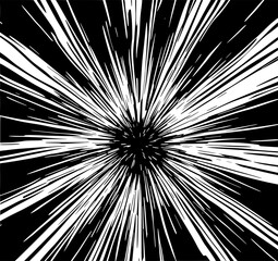 Monochrome Radial Burst: A dynamic black and white illustration featuring radiating lines converging at a central point, creating a sense of speed and energy.