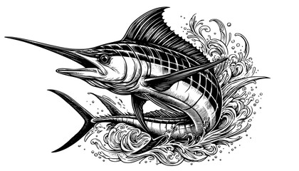 hand drawn sailfish lineart isolated on white