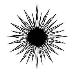 Abstract Sunburst: A bold monochrome line art illustration featuring a striking sunburst design, radiating sharp points from a central black circle. 