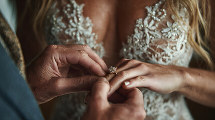 Échange d'anneaux dans un cadre romantique lors d'une cérémonie nuptiale