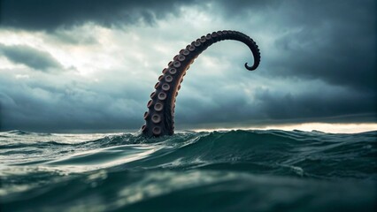 Fototapeta premium A colossal, tentacled creature emerges dramatically from the churning, dark ocean waves, reaching towards a menacing, stormy sky. This evokes a sense of myth, mystery