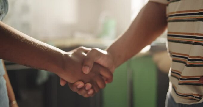Contractor, painting or kitchen with handshake for renovation, home improvement or finished job. Closeup, people and shaking hands with client or DIY for thank you, interior design or fix house