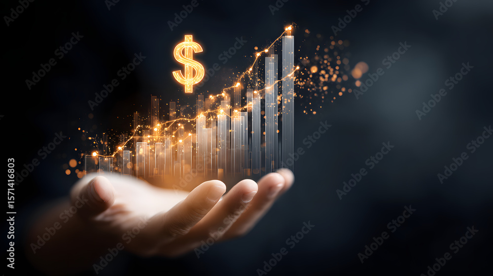 Poster business graph with dollar symbol, investment app interface floating above hand with sparkles and do