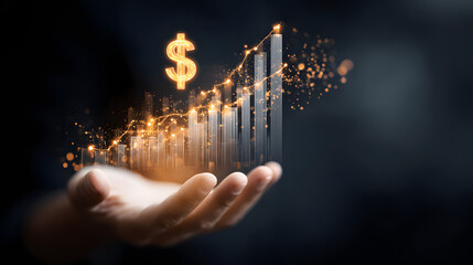 business graph with dollar symbol, investment app interface floating above hand with sparkles and dollar graph