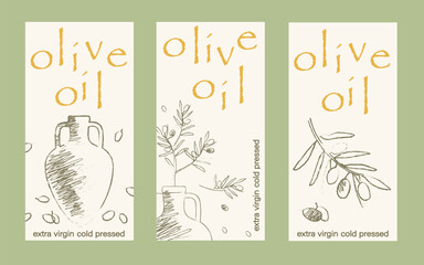 Olive oil label. Hand drawn olive tree branches with leaves and olives. Organic or artisanal product labels, branding, food packaging