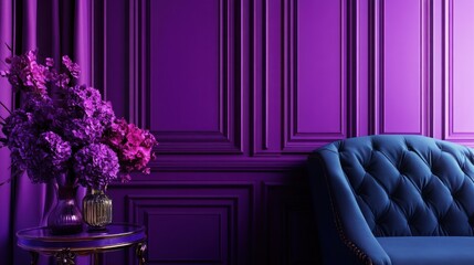 Elegant purple interior with a dark blue sofa and floral arrangement.
