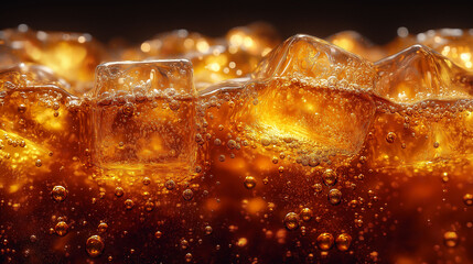 Ice cubes in cola Close up bubbles dark brown liquid wallpaper