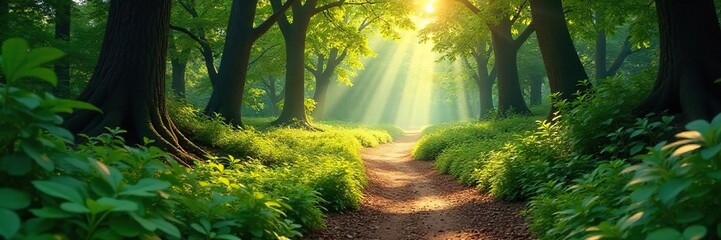 Sunlit Forest Path A Winding Journey Through Lush Greenery, Sunlight Dappling the Leaves, Creating a Magical and Serene Atmosphere, Perfect for Travel and Nature Photography