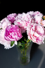 Beautiful peonies in a glass vase in bright sunlight.