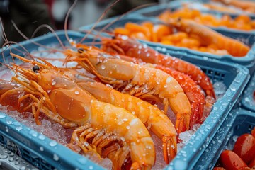 Fresh seafood display at a market showcasing large, vibrant shrimp during a bustling morning