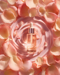 Aesthetic serum bottle surrounded by soft pink rose petals, creating serene and elegant atmosphere. gentle hues and delicate arrangement evoke sense of luxury and tranquility