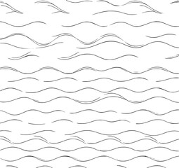 Wavy Lines Pattern: A simple black and white line art illustration featuring a repeating pattern of flowing, hand-drawn waves, creating a serene and minimalist design.