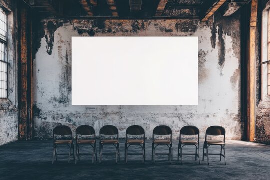 A group of chairs are sitting in front of a blank wall. The chairs are arranged in a row. Industrial hall interior wide format mockup blank screen with chairs.
