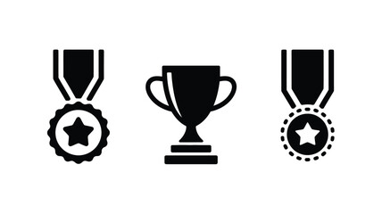 Illustration of two medals with stars and a trophy in the center on a white background