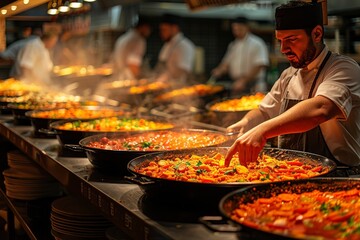 Chefs preparing vibrant paella during a bustling culinary event in the evening at a popular restaurant