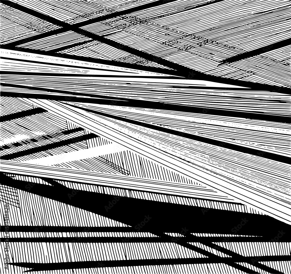 Poster abstract line art: a bold monochrome illustration features dynamic intersecting lines and layered te