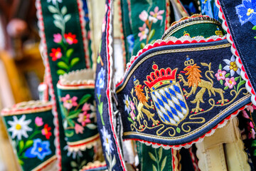 typical bavarian suspenders with the bavarian coat of arms