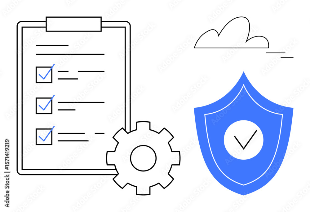 Poster checklist beside gear and shield with checkmark under a cloud image. ideal for productivity, securit