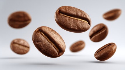 Falling coffee beans captured in ultra-realistic detail against a white background with ample space for creative text placement and design