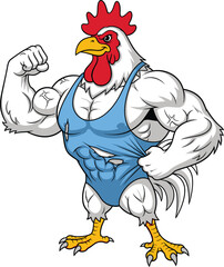 Muscular Rooster Mascot Flexing Bicep Cartoon Illustration