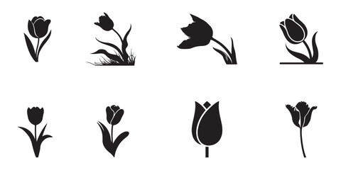 A set of black tulip flower silhouette icons in minimalist style.