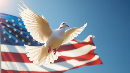 A white dove flying in front of the american flag against a clear blue sky on a bright sunny day