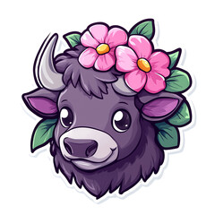 Naklejka premium Adorable Cartoon Yak with Pink Flowers Headband: Cute Animal Illustration for Kids, Nature, Spring, and Floral Designs. Perfect for children's books, greeting cards, apparel, and more!