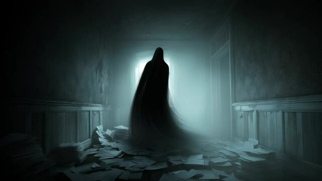 Dark room with scattered papers. Shadowy figure with flowing form stands near window, surrounded by paper fragments. Moody atmospheric scene with teal lighting.