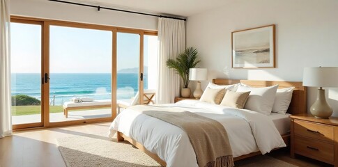 Sun-Drenched California Bedroom with Ocean View King Bed, White Walls, and Natural Wood Accents. Perfect for Relaxation, Coastal Chic Decor, Ideal for Real Estate Listings and Travel Blogs.