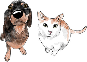 Watercolor Cat Dog Art Hand Drawn Style