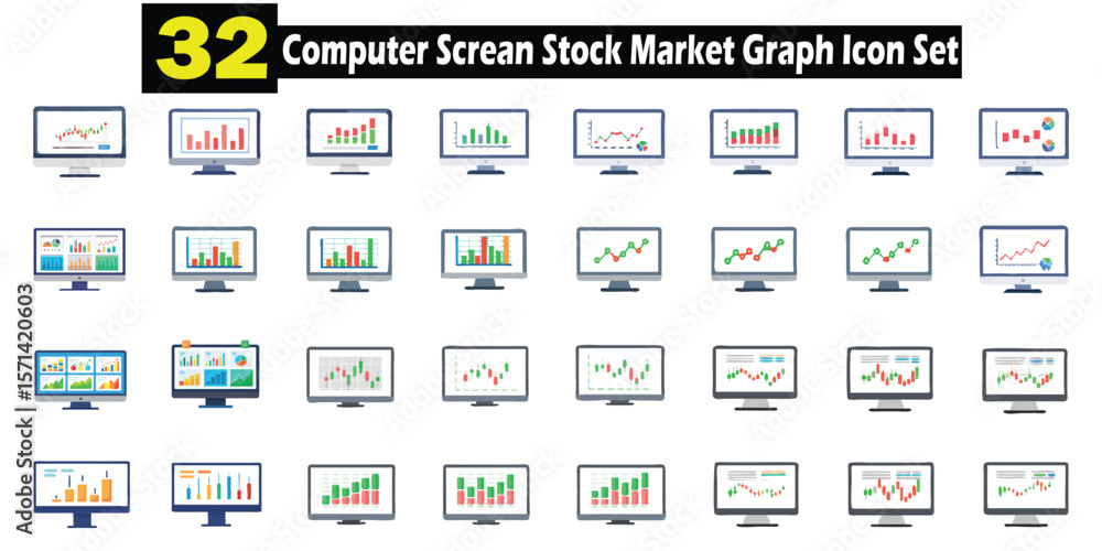 Poster colorful vector illustrations depicting various stock market charts and graphs displayed on computer