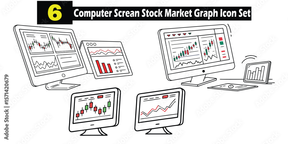 Poster an illustration depicting a set of six unique computer screens displaying stock market trading graph