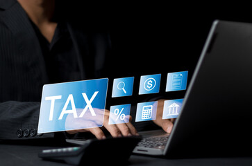 E-Filing, Taxpayer using a laptop to file taxes personal income, Tax Return form online for tax payment. Government, state taxes. Data analysis, paperwork, reports. Calculation tax return.