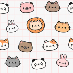 Seamless pattern with cute cartoon animal face, Childish animal head pattern for kids or nursery