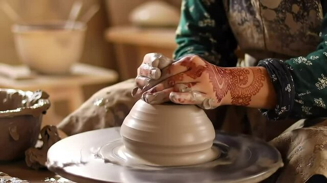 Henna hands shaping clay pot, pottery studio
