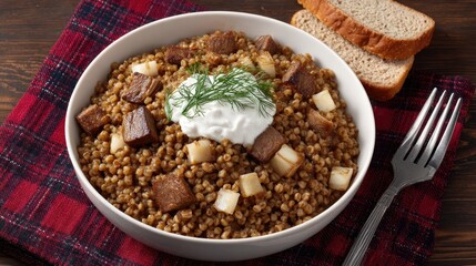 Taste traditional Russian kasha with meat, sausage, and vegetables served with sour cream on a rustic wooden table