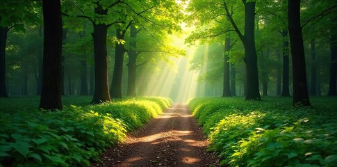 Sun-Dappled Path Winding Through a Lush Green Forest, Magical Atmosphere, Perfect for Nature, Travel, and Environmental Projects