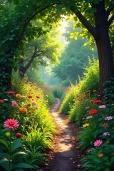 Sun-Drenched Path Through a Wildflower Garden A Summer Escape to Rustic Tranquility