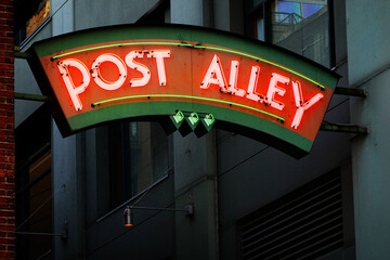 Post Alley in Seattle Washington Neon Sign for Tourist Attraction Gum Wall