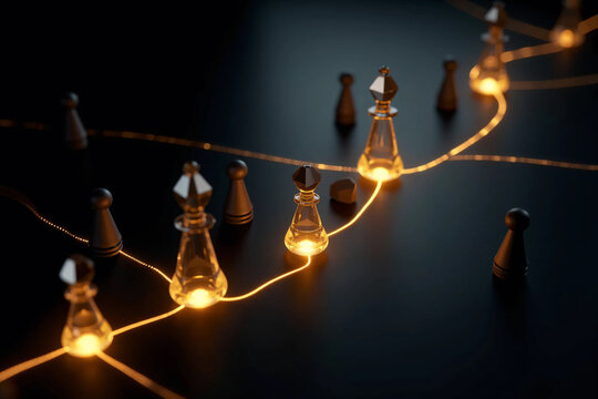 Top-down concept of a strategic planning network with gold route lines on a black background, pawns as decision points, and a hand making a move, symbolizing leadership, logic, and direction