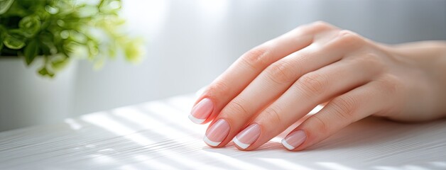 Elegant close-up of well-groomed hands with light pink nails resting on a white surface in soft natural light creating a serene atmosphere