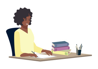 Girl working or studying at the table with books and making notes. Education and work process. Vector illustration on white background.
