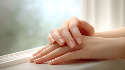 Elegant close-up of well-groomed hands with light pink nails resting on a white surface in soft natural light creating a serene atmosphere