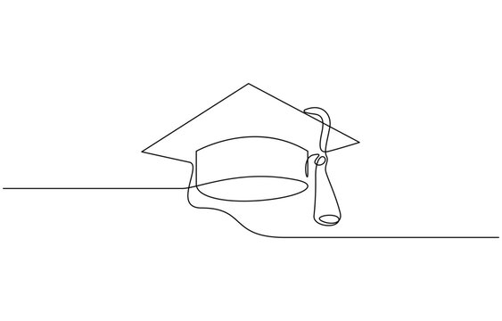 Continuous one line art drawing of graduation hat design vector illustration, Graduation cap and diploma continuous one line drawing. Graduation, celebration, achievement concept. Single line drawing - Powered by Adobe