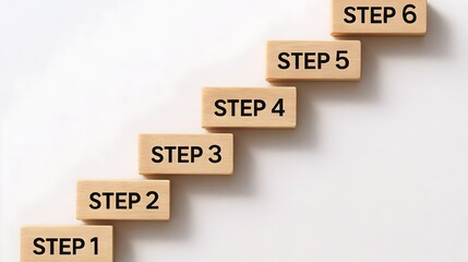 Six wooden blocks arranged in ascending steps with the word step and numbers one through six