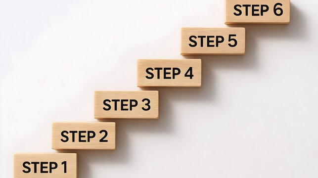 Six wooden blocks arranged in ascending steps with the word step and numbers one through six