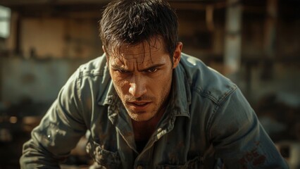 Close up of a man with dark hair wearing a button up shirt looking down with a serious expression